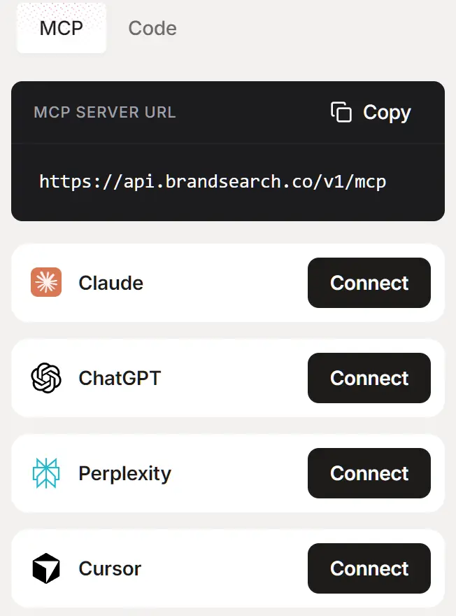 Brandsearch's MCP server URL, https://api.brandsearch.co/v1/mcp, with a Copy button, and Connect buttons for Claude, ChatGPT and Perplexity.