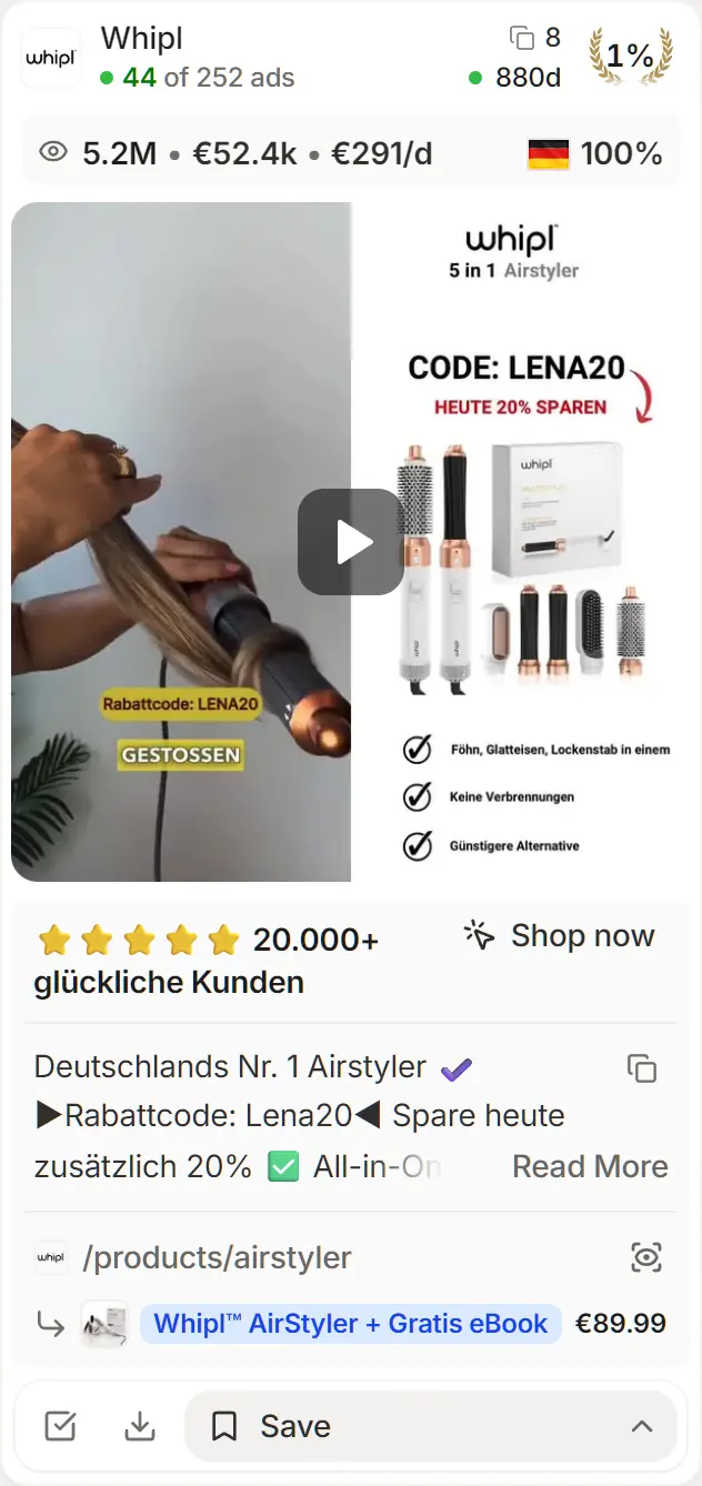 Whipl's airstyler ad as a Brandsearch Discovery card: 44 of 252 ads active, 8 versions, running 880 days, top 1% by impressions, 5.2M reached in EU/UK, €52.4k spent there at €291 a day, all of it in Germany.