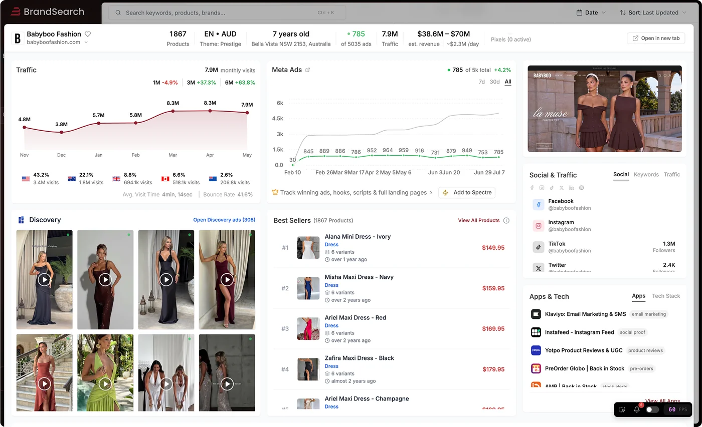 The Brandsearch dashboard for one store: monthly traffic, live Meta ad spend, best-selling products, social following and installed apps on a single page.